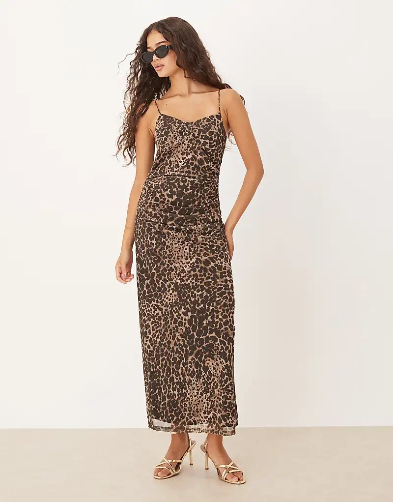 

Платье миди Mango с леопардовым принтом, приталенное, коричневого цвета, с рюшами