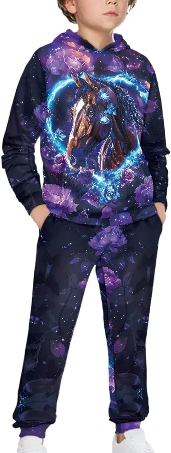 Детский спортивный костюм с принтом, Yuuxorilu, 2 предмета, Purple Horse With Purple Heart Printed — фото 3