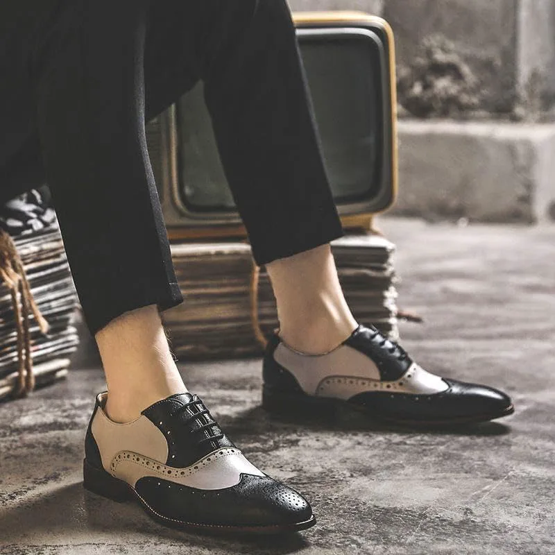 Мужские оксфорды HuitJours многокрасочные броги Wing Tip с шнуровкой, пэчворк, двухцветные, с перфорацией и круглым носком, черный — фото 4