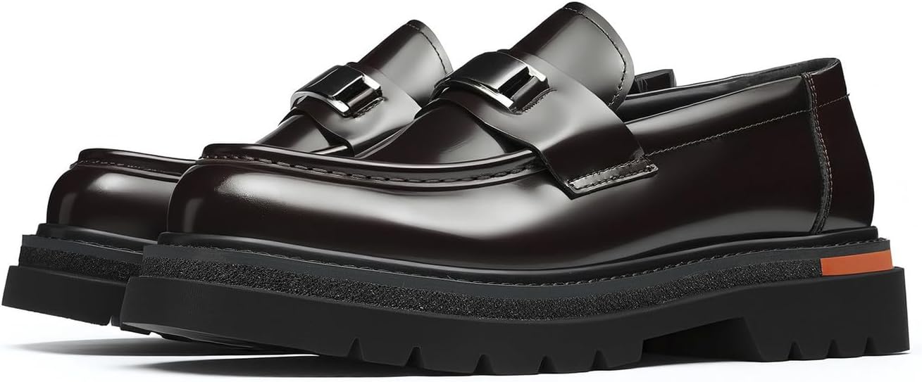 

Мужские лоферы Santimon с застежкой-монетницей и пряжкой - блестящая кожа, массивная подошва, мокасины для повседневного, делового, официального, офисного, выпускного и свадебного мероприятий, Coffee