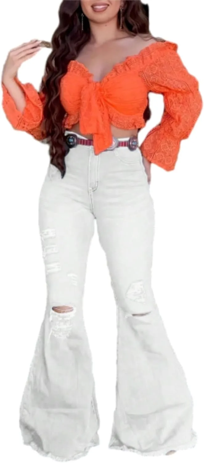 

Джинсы Flare для женщин винтажные с высокой посадкой рваные