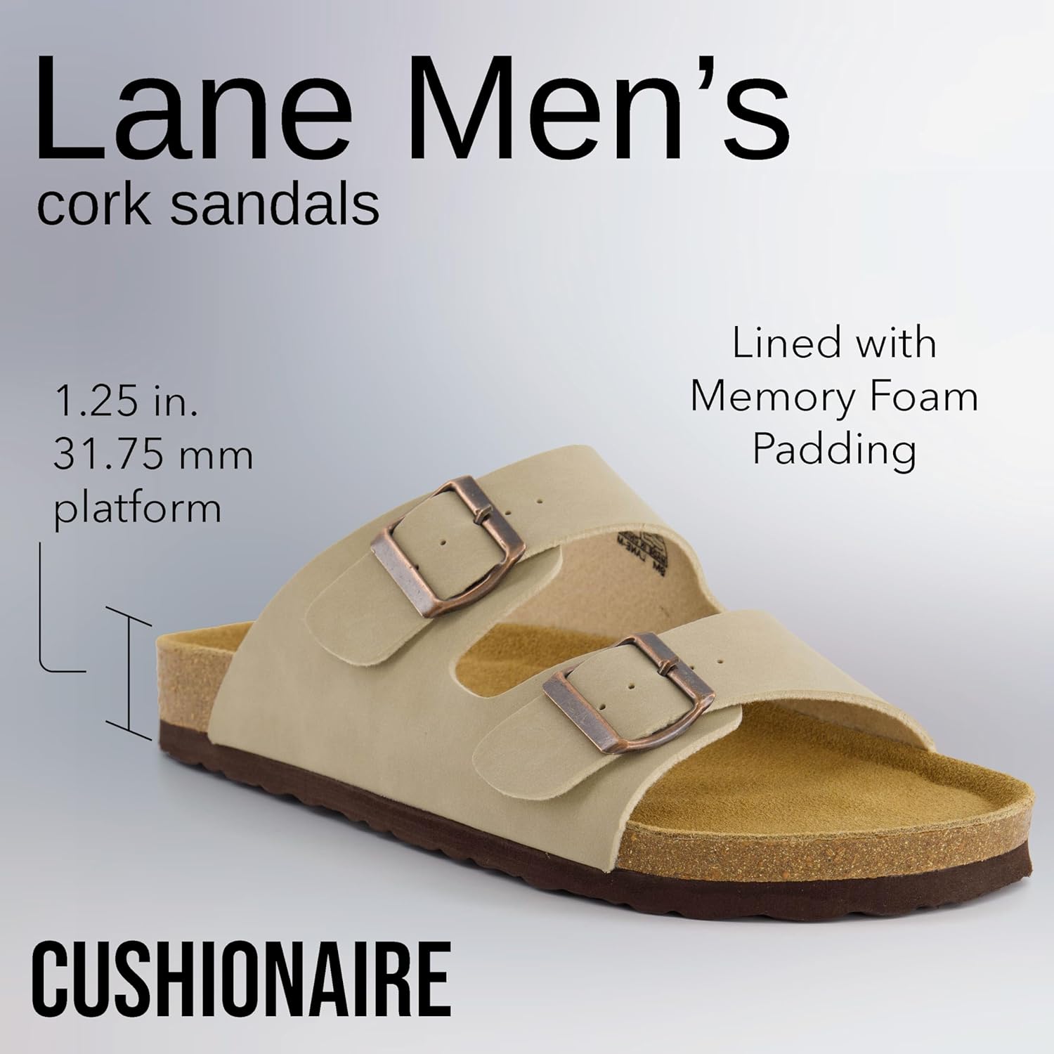 Мужские сандалии CUSHIONAIRE Lane с пробковой стелькой, регулируемые с пряжкой, комфортные шлепанцы, стелька из натуральной кожи, летняя обувь для мужчин — фото 4