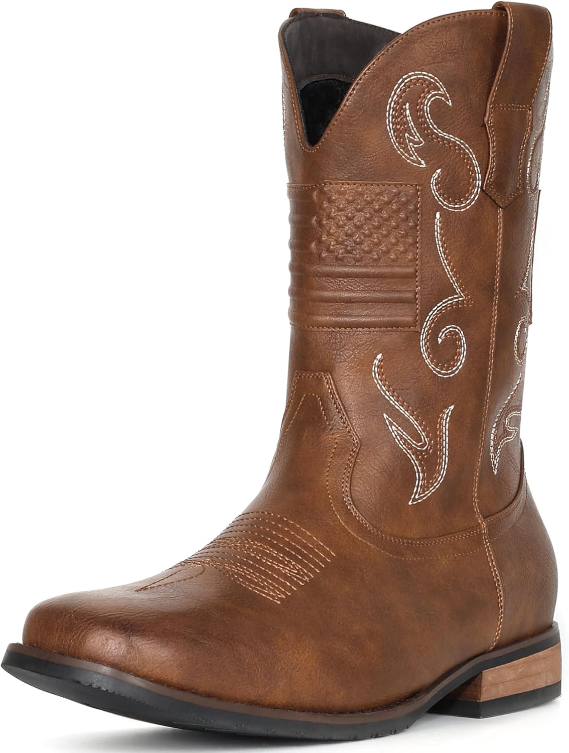 

Мужские ковбойские сапоги IUV Западные сапоги с классическим американским флагом, вышивка, квадратный носок, сапоги до середины голени, коричневый