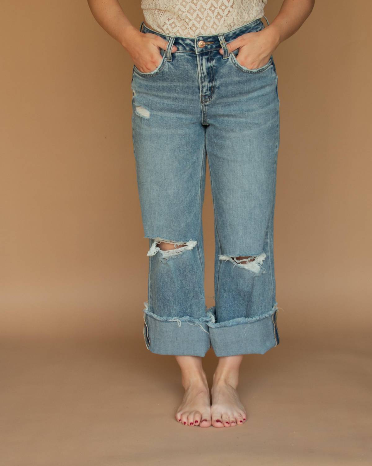 

Камуфлированные укороченные джинсы с потертостями в светлой стирке FLYING MONKEY, Light Wash