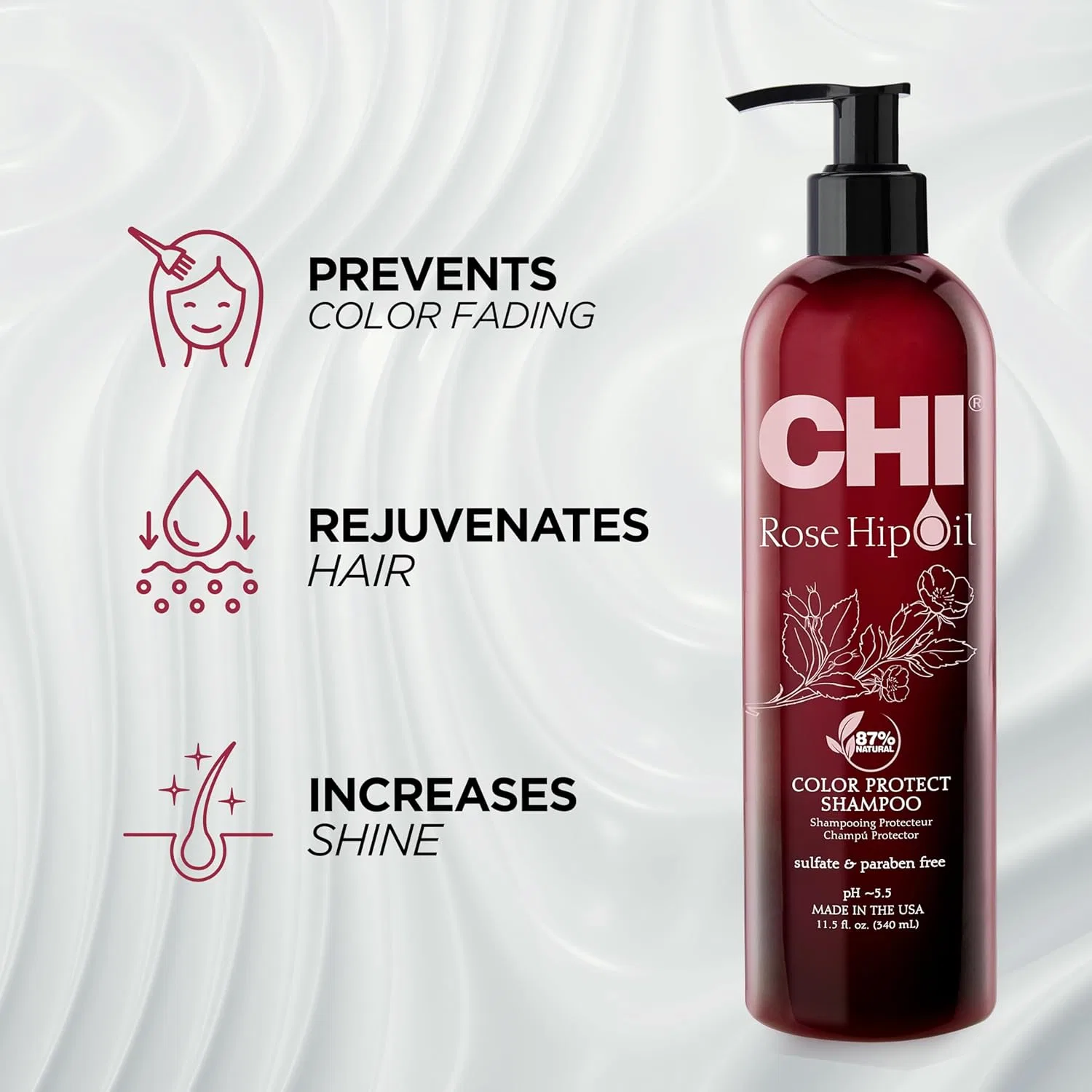 Защитный шампунь CHI Rose Hip Oil Colour Nurture для окрашенных волос, 340 мл Chi — фото 3