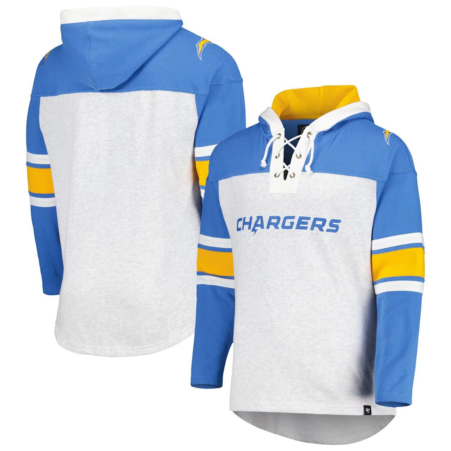 

Мужской пуловер с капюшоном на шнуровке Los Angeles Chargers Heather Grey Gridiron '47