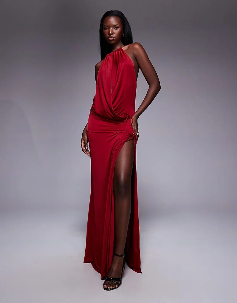 

Платье макси Tiger Mist Tarrin красного цвета с металлическим халтер-кольцом и глубоким вырезом, завязкой сбоку