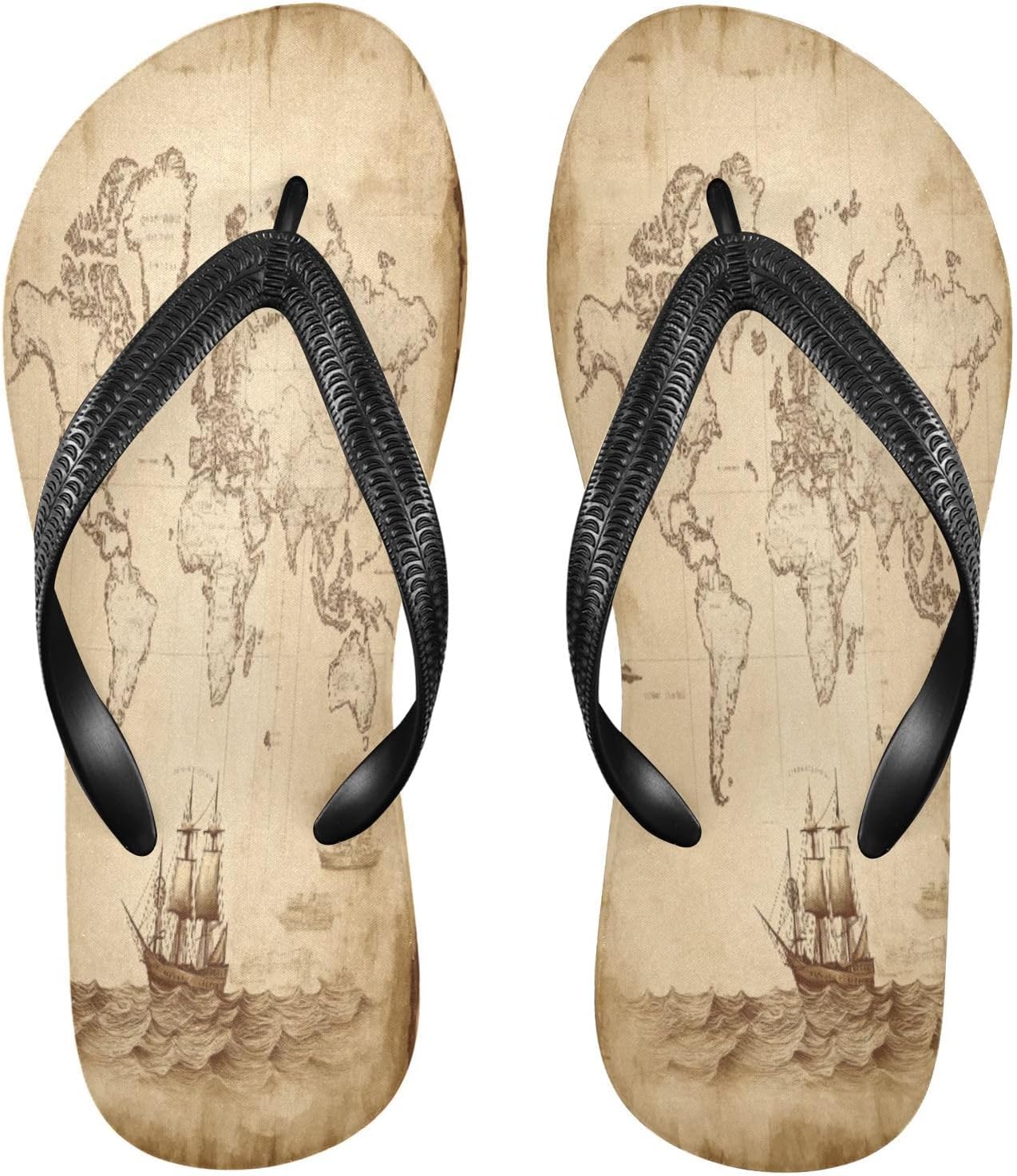 

Винтажные сандалии-шлепанцы с кораблями на карте, пляжные резиновые шлепанцы с ремешком, нескользящие летние тапочки для женщин и мужчин Sinestour, Vintage Sailing Ships Map