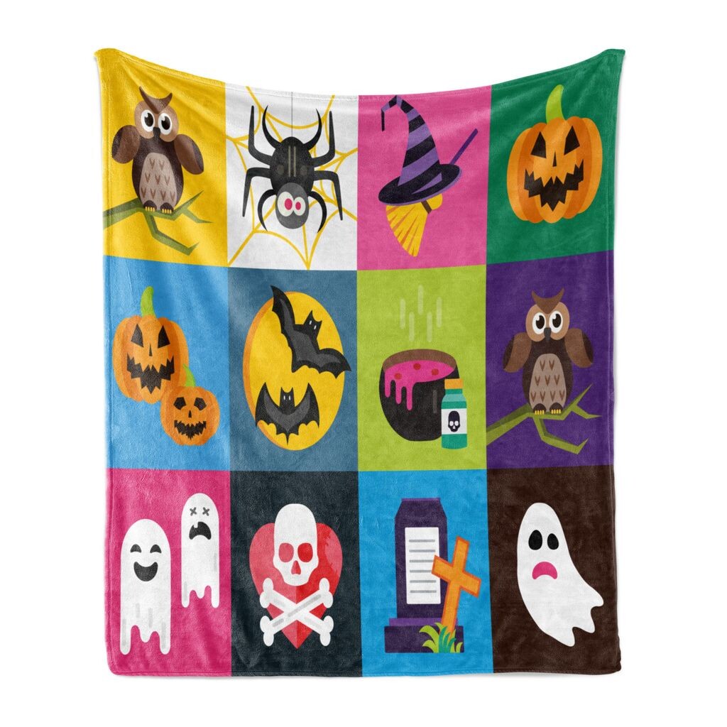 

Мягкое фланелевое флисовое одеяло ABAKUHAUS на Хэллоуин, современный красочный дизайн, квадратные поля с совой, тыквой, летучей мышью-призраком-ведьмой, 175 x 230 см, разноцветный