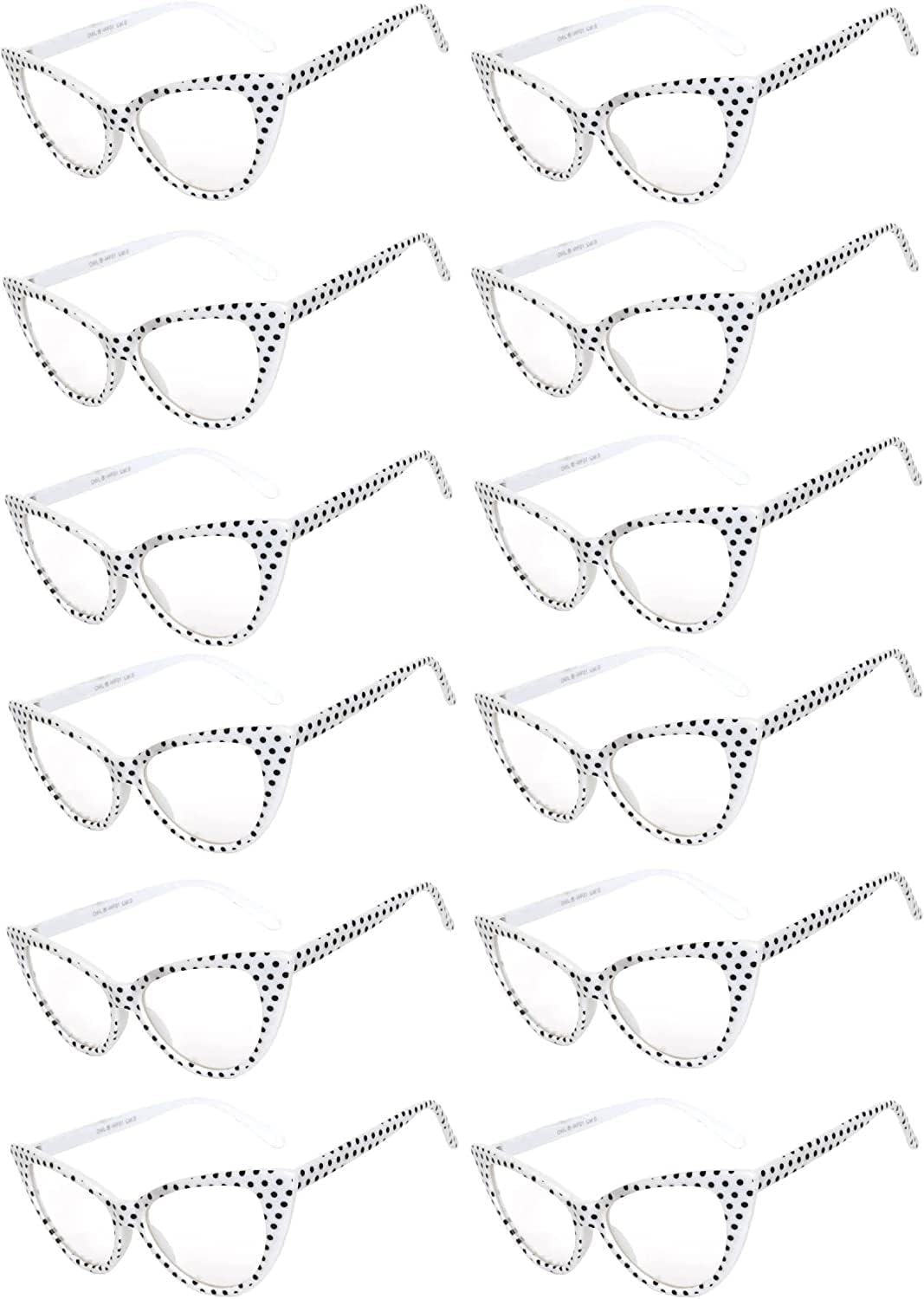 

OWL Набор из 12 солнцезащитных очков «кошачий глаз» для женщин – защита от ультрафиолета UV400, ретро-винтажные очки, разные цвета и узоры, Clear Lens / Polka Dots / White