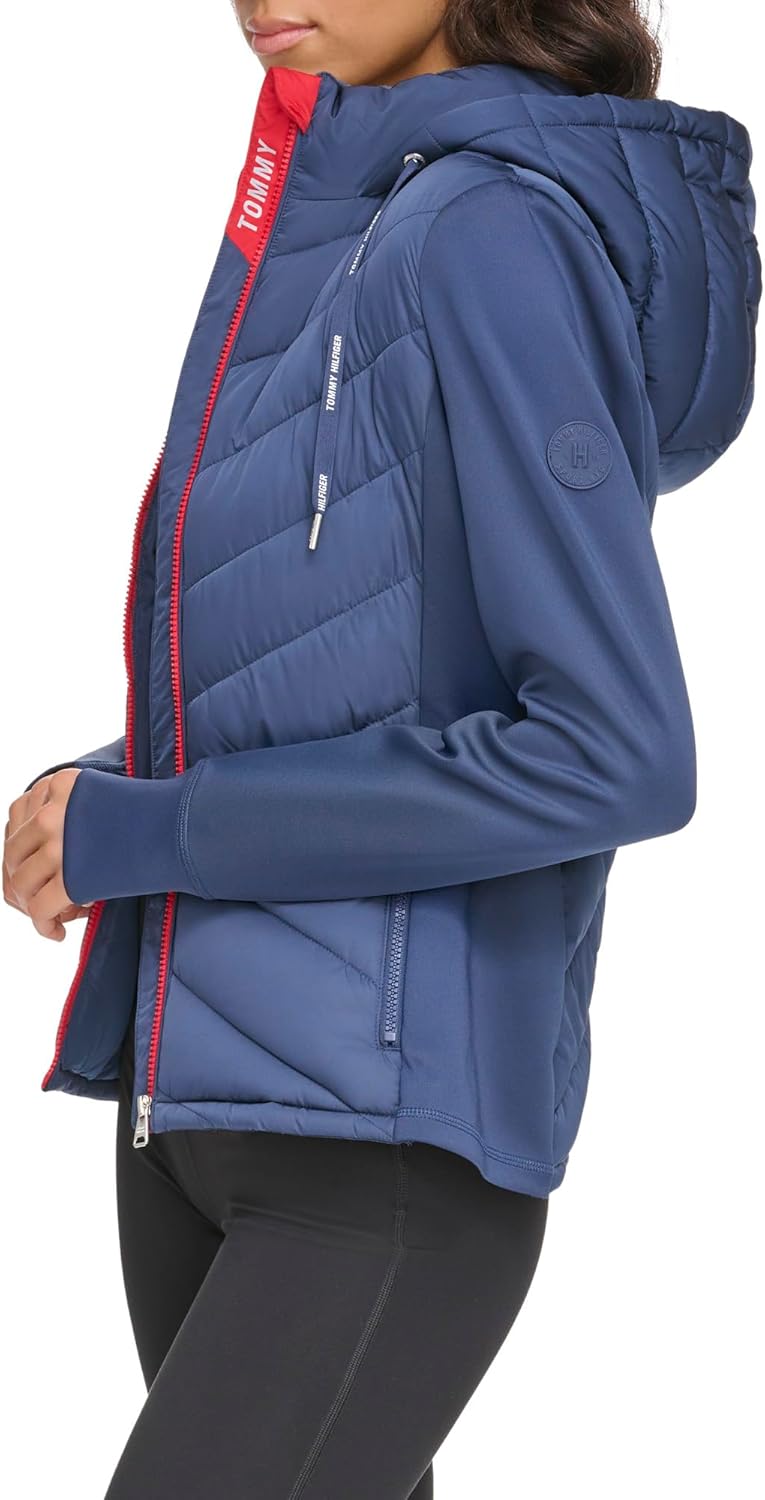 Женская гибридная куртка-пуховик Tommy Hilfiger с капюшоном и отверстиями для больших пальцев, Navy — фото 3