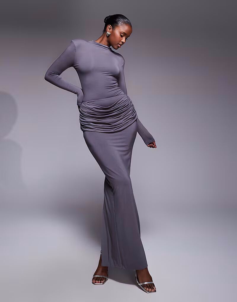 

Юбка макси Ashtin с драпировкой и второй кожей, серый цвет Wanderdoll