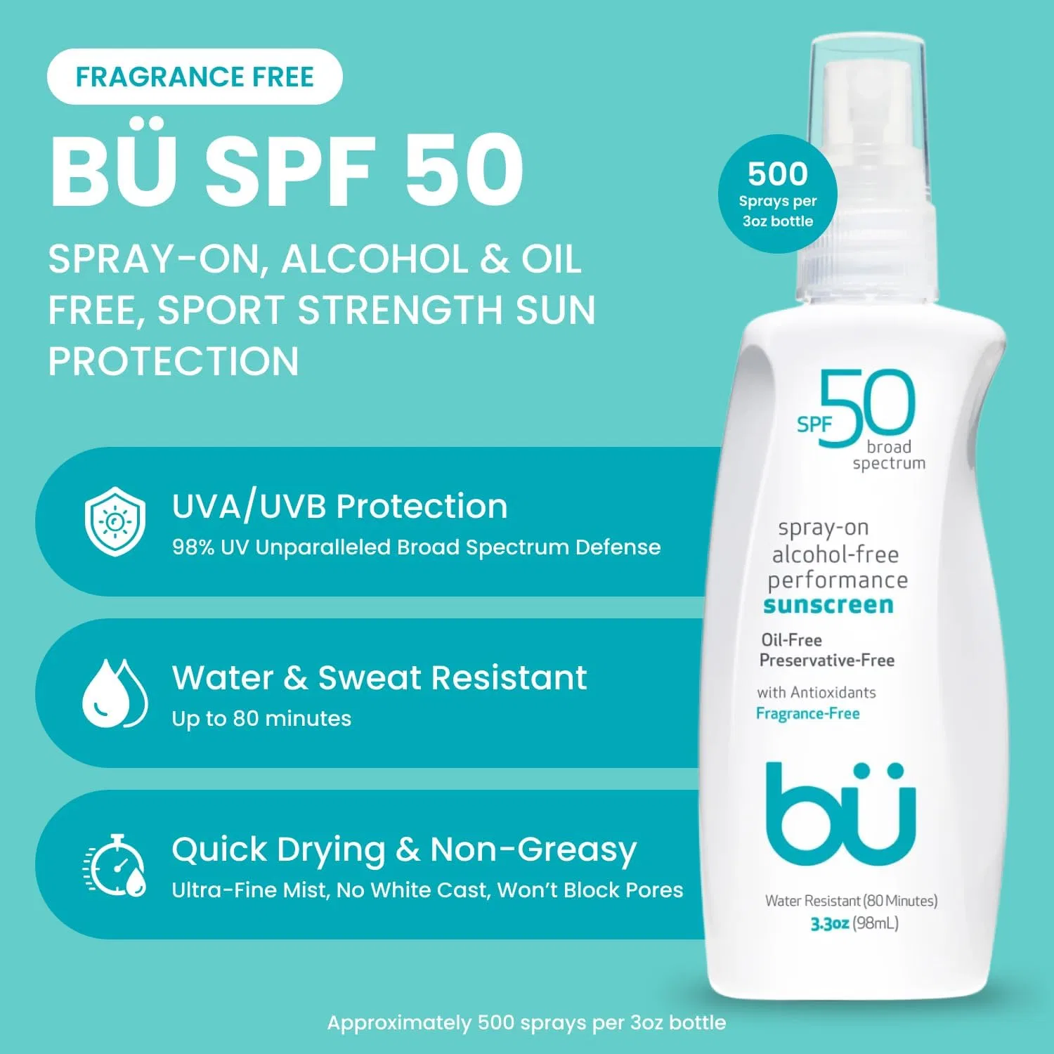Солнцезащитный спрей SPF 50 Bu, 2 шт. по 3.3 унции, бесцветный — фото 3