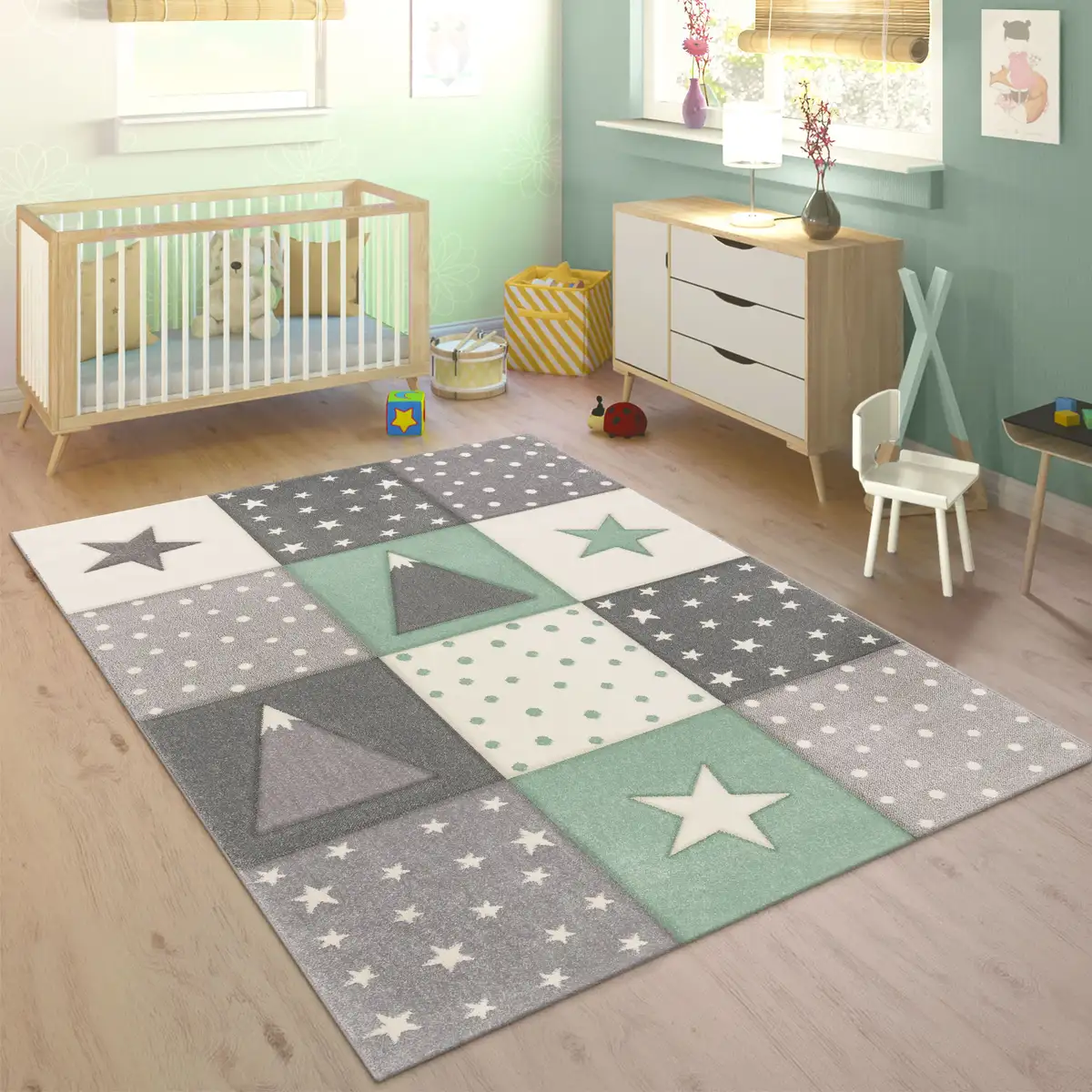

Детский ковер Paco Home "Cosmo 340", прямоугольный, короткий ворс, пастельные тона, 3D-эффект, мотив горы, точки и звезды 133х133 см, зеленый