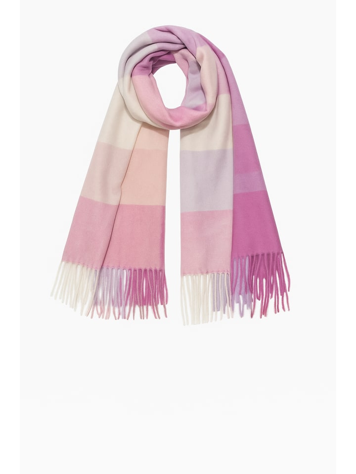 

Мягкий вязаный шарф с бахромой и геометрическим узором розового цвета. Faera