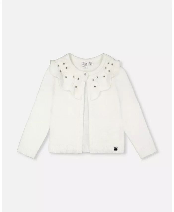 

Вязаный кардиган для больших девочек с воротником из бисера Off White Deux Par Deux, бежевый