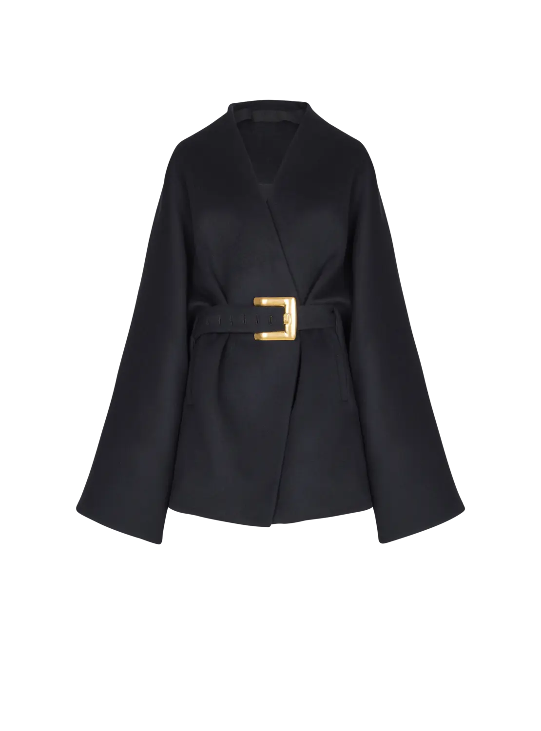 

Укороченное шерстяное пальто-накидка Balmain, темно-синий