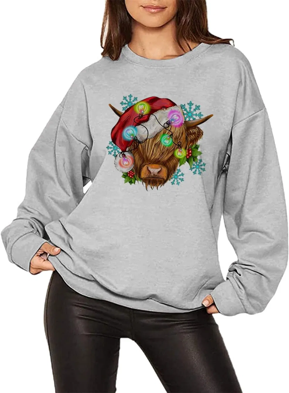 Свитшот с принтом коровы, женский, Casual, Long Sleeve, серый