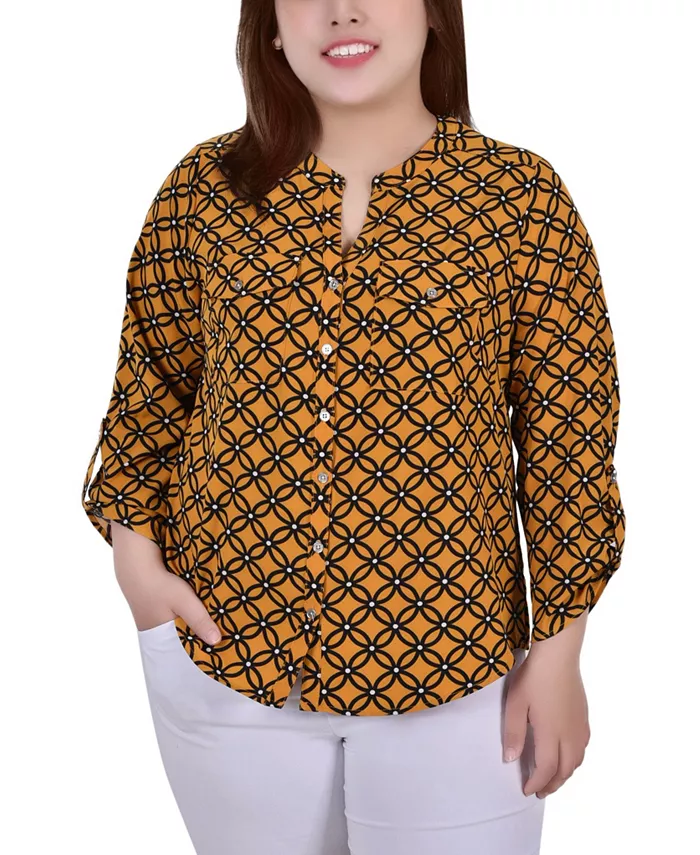 

Блуза с рукавом 3/4 и воротником Y-образного кроя Plus Size NY Collection, мультиколор