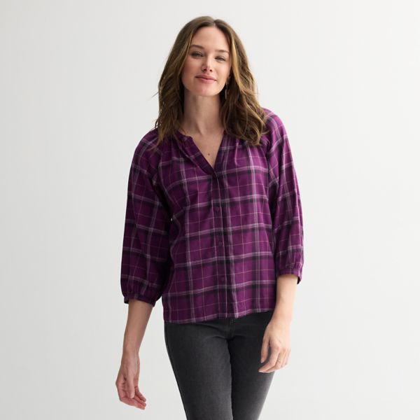 

Миниатюрный клетчатый топ в крестьянском стиле на пуговицах Sonoma Goods For Life, цвет berry burgundy plaid