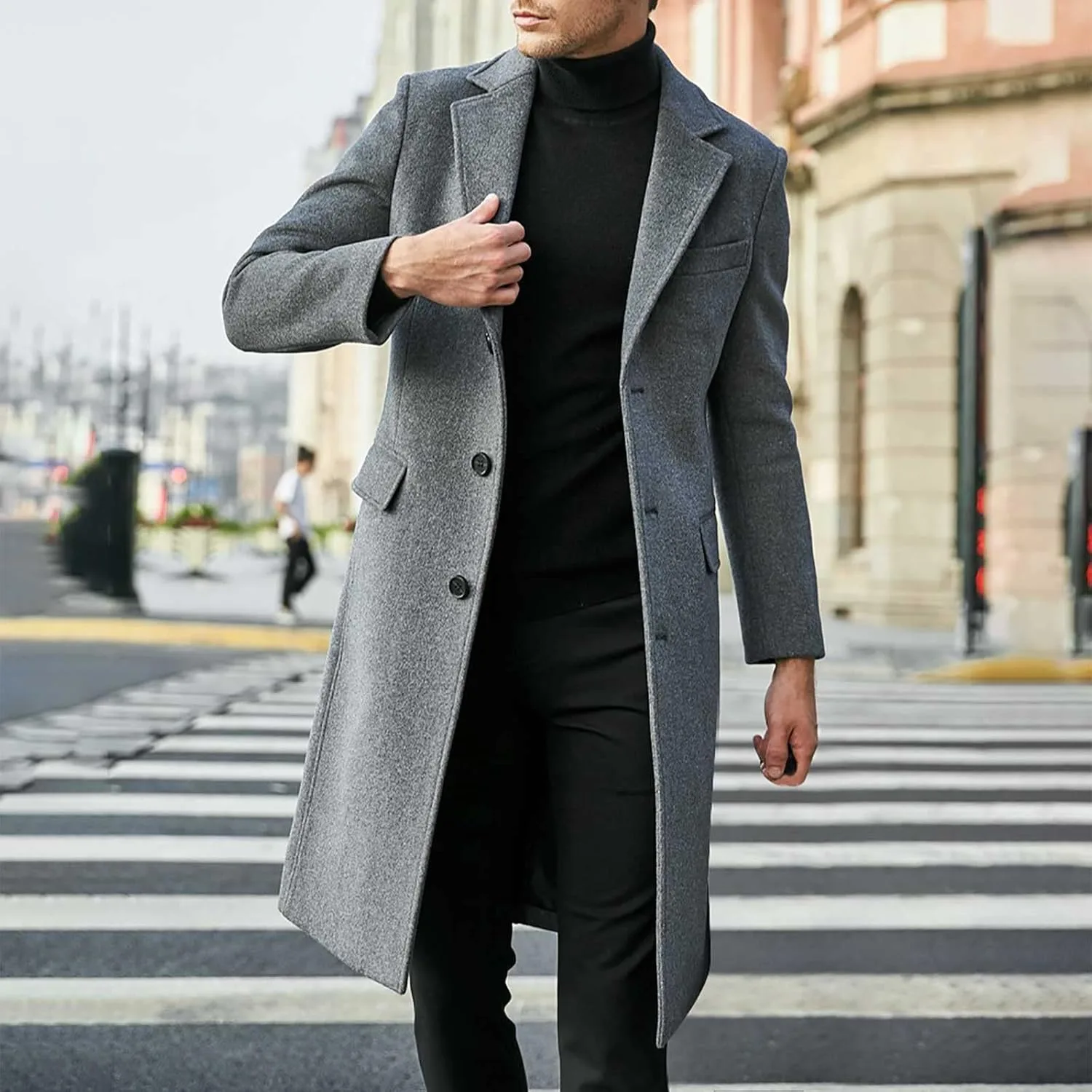Мужское пальто-бушлат из шерстяной смеси с воротником-стойкой, однобортное, теплое зимнее длинное деловое пальто-тренч, классический топ Generic, серый — фото 2