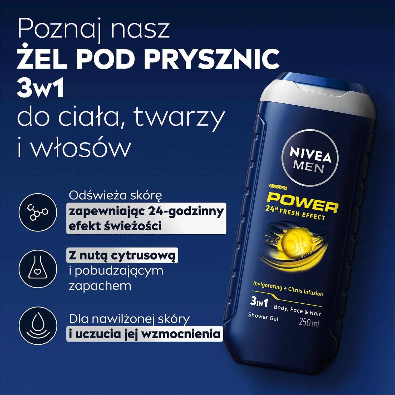 Мужской гель для душа Nivea Men Power 24H Fresh Effect 3-в-1, 500 мл Nivea — фото 2