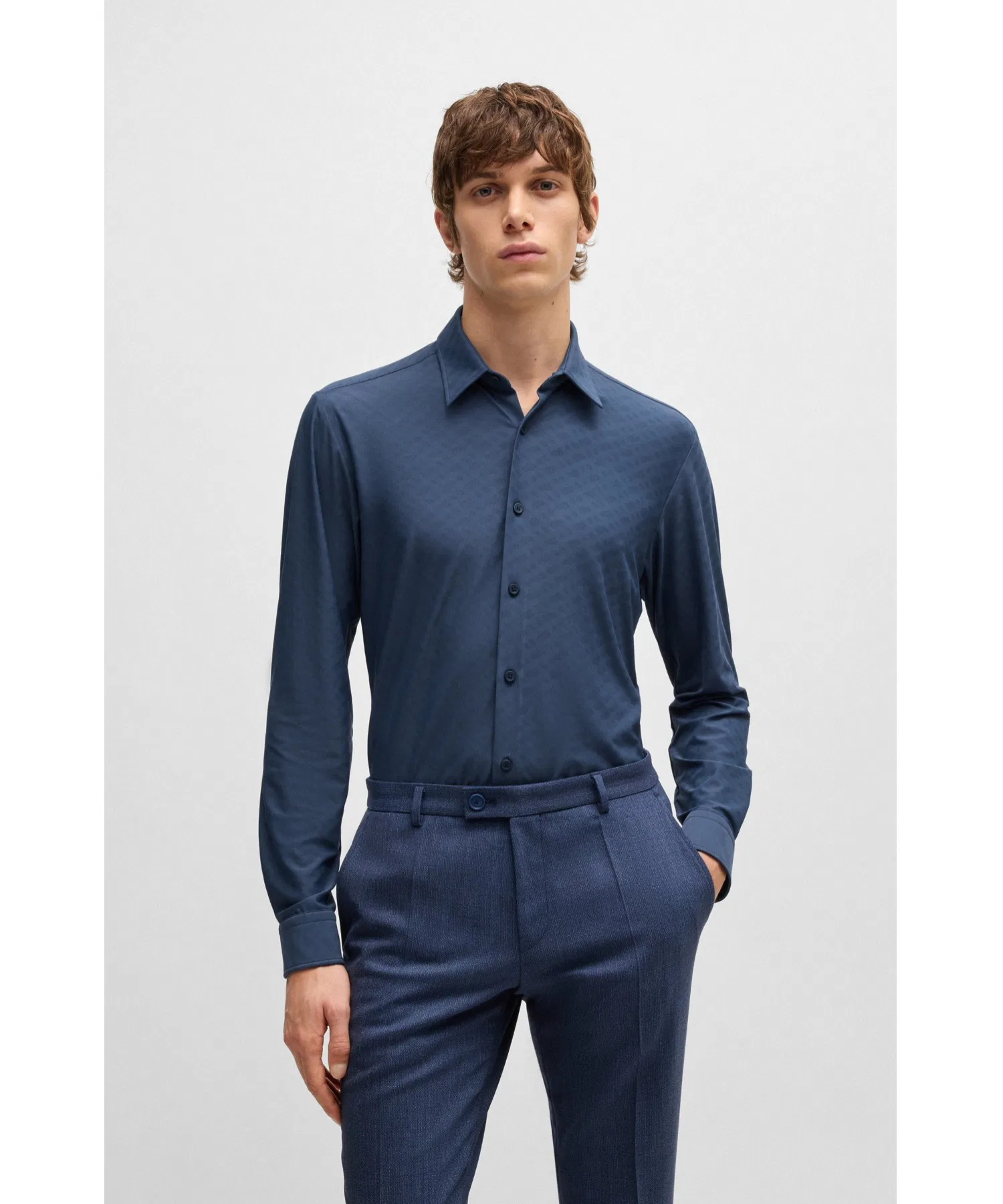 Мужская рубашка BOSS Slim Fit Performance Stretch с монограммой тёмно-синяя