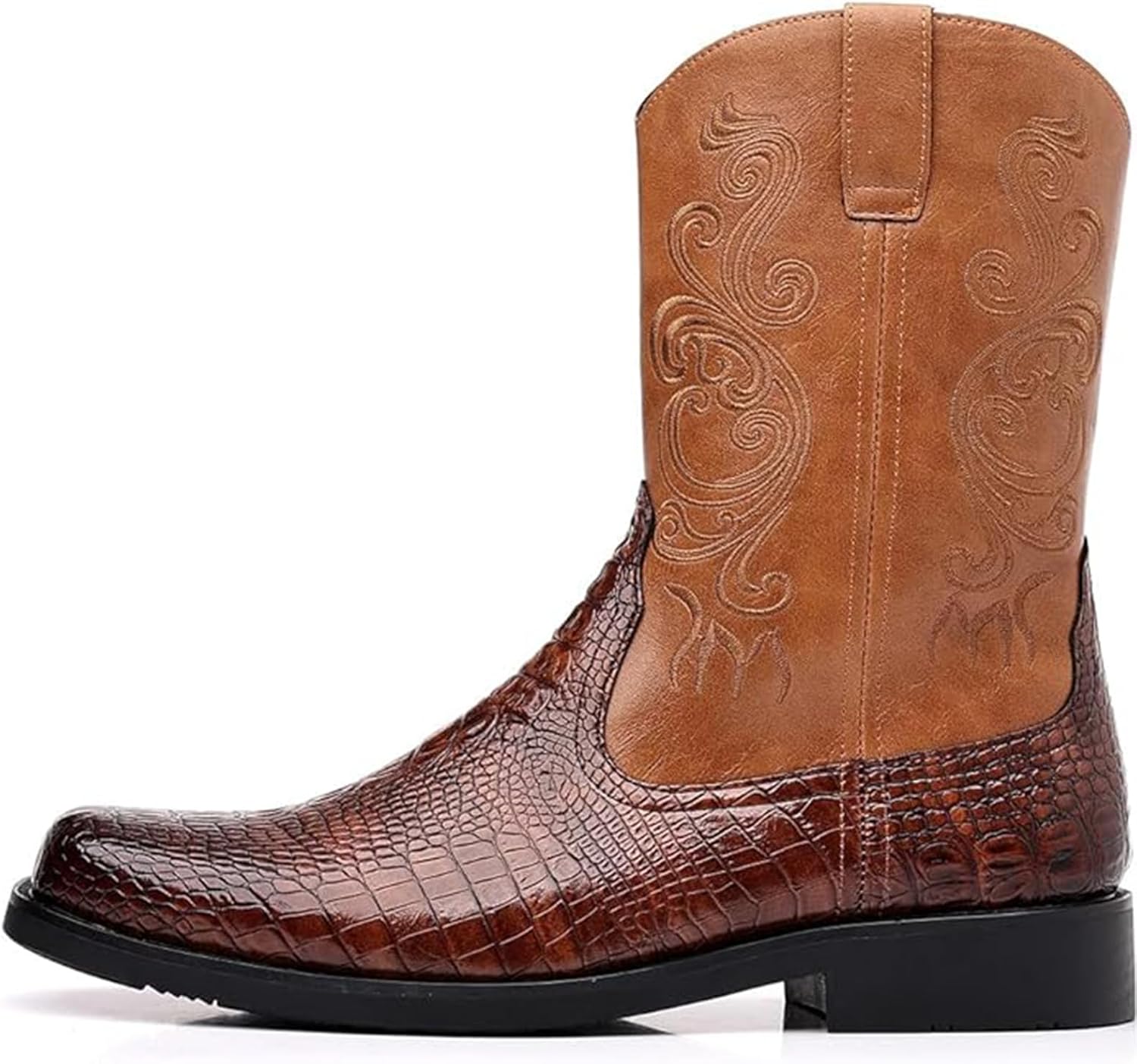 Мужские сапоги Crocodile Western с боковой молнией, средней высоты, квадратный носок, кожа Xinduoyu, коричневый — фото 2