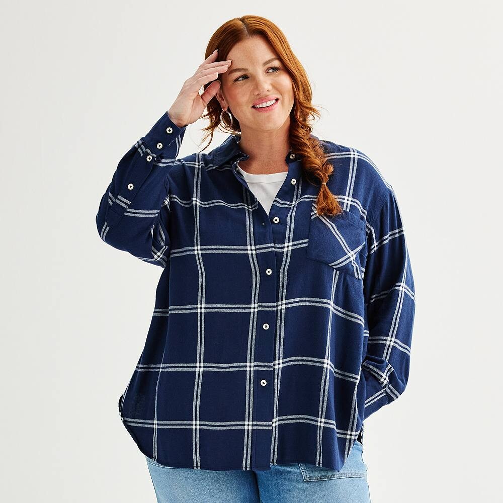 

Большие размеры Sonoma Goods For Life Фланелевая рубашка оверсайз-бойфренда, цвет Dark Navy White Plaid
