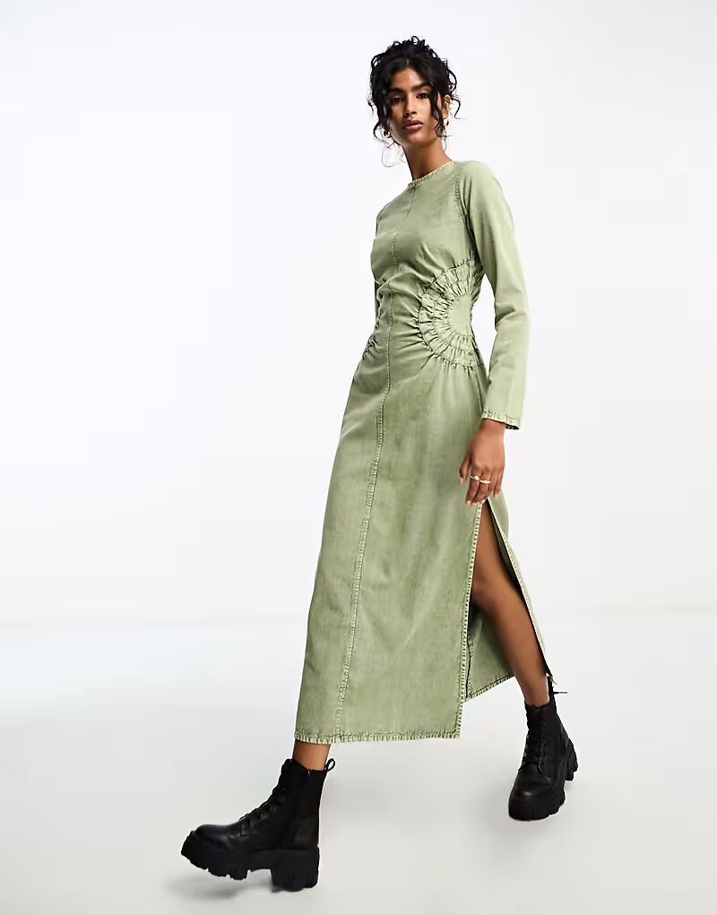 

Платье миди из стираного твила с круглыми деталями по бокам в цвете кислотно-зеленого цвета Asos Design