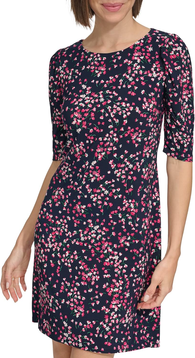 

Женское мини-платье Tommy Hilfiger с короткими рукавами и вырезом-лодочкой, Sky Captain/Hot Pink