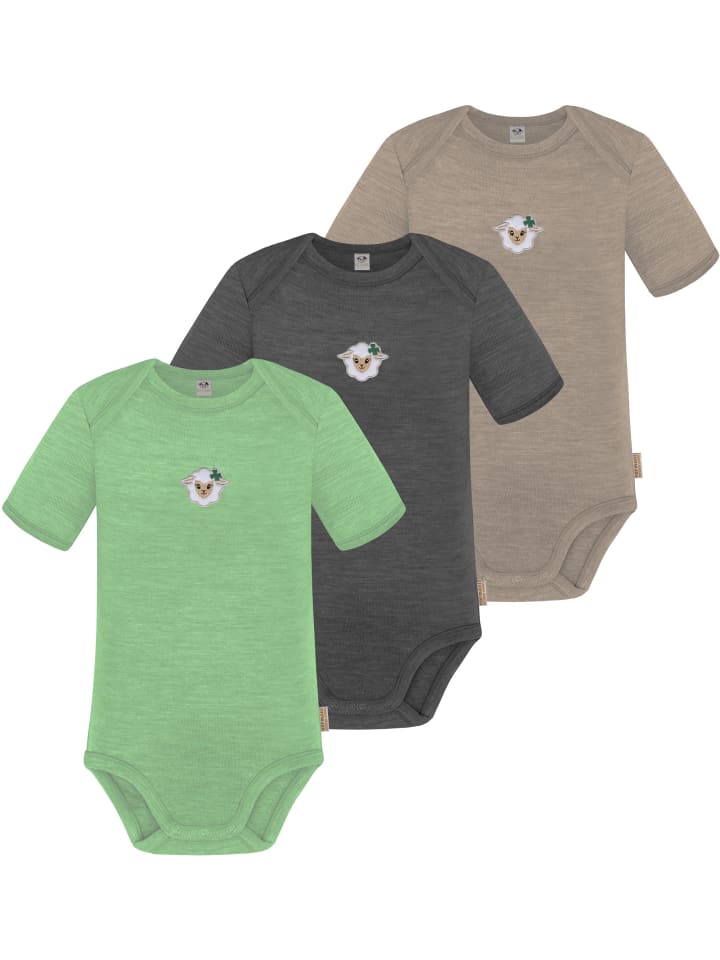 

Normani Outdoor Sports Комплект из 3 детских боди с коротким рукавом из мериносовой шерсти, модель Tauranga, бежевый/антрацитовый/зеленый