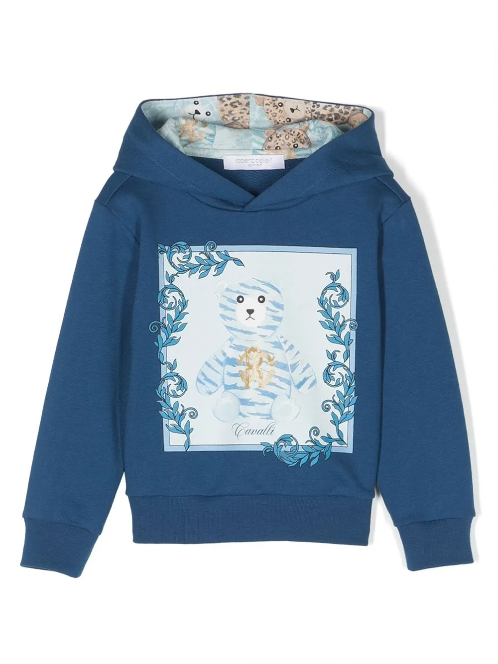 

Толстовка с капюшоном и принтом медведя, отделанная рубчиком Roberto Cavalli Junior, синий