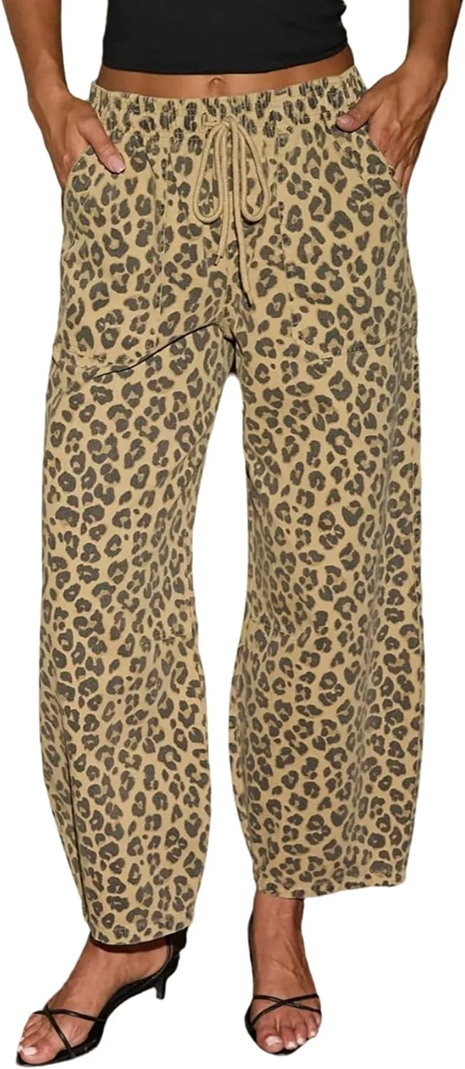 

Женские джинсы с леопардовым принтом на шнурке QLAUYIOE