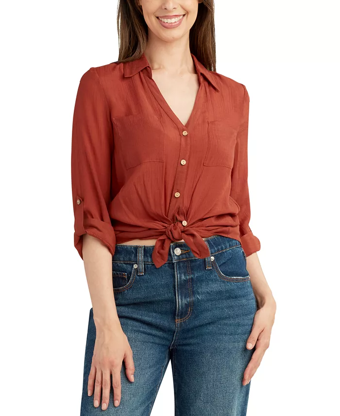 

Женская блузка с завязками по низу Juniors' Tie-Hem Gauzy Shirt BCX, коричневый