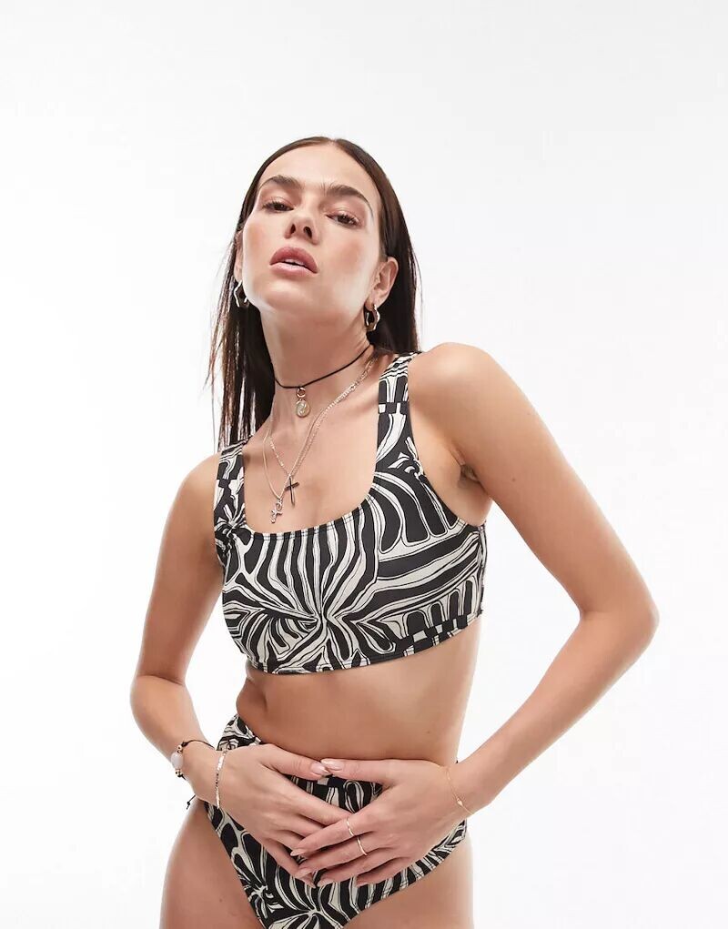

Черно-белые плавки бикини с завышенной талией и абстрактным принтом Topshop