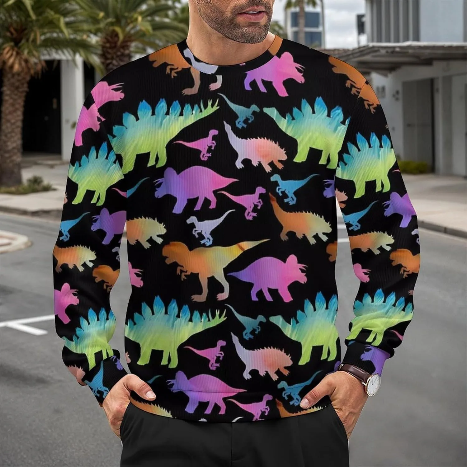 Свитер с принтом динозавров, мужской, Crewneck, вязаный — фото 2