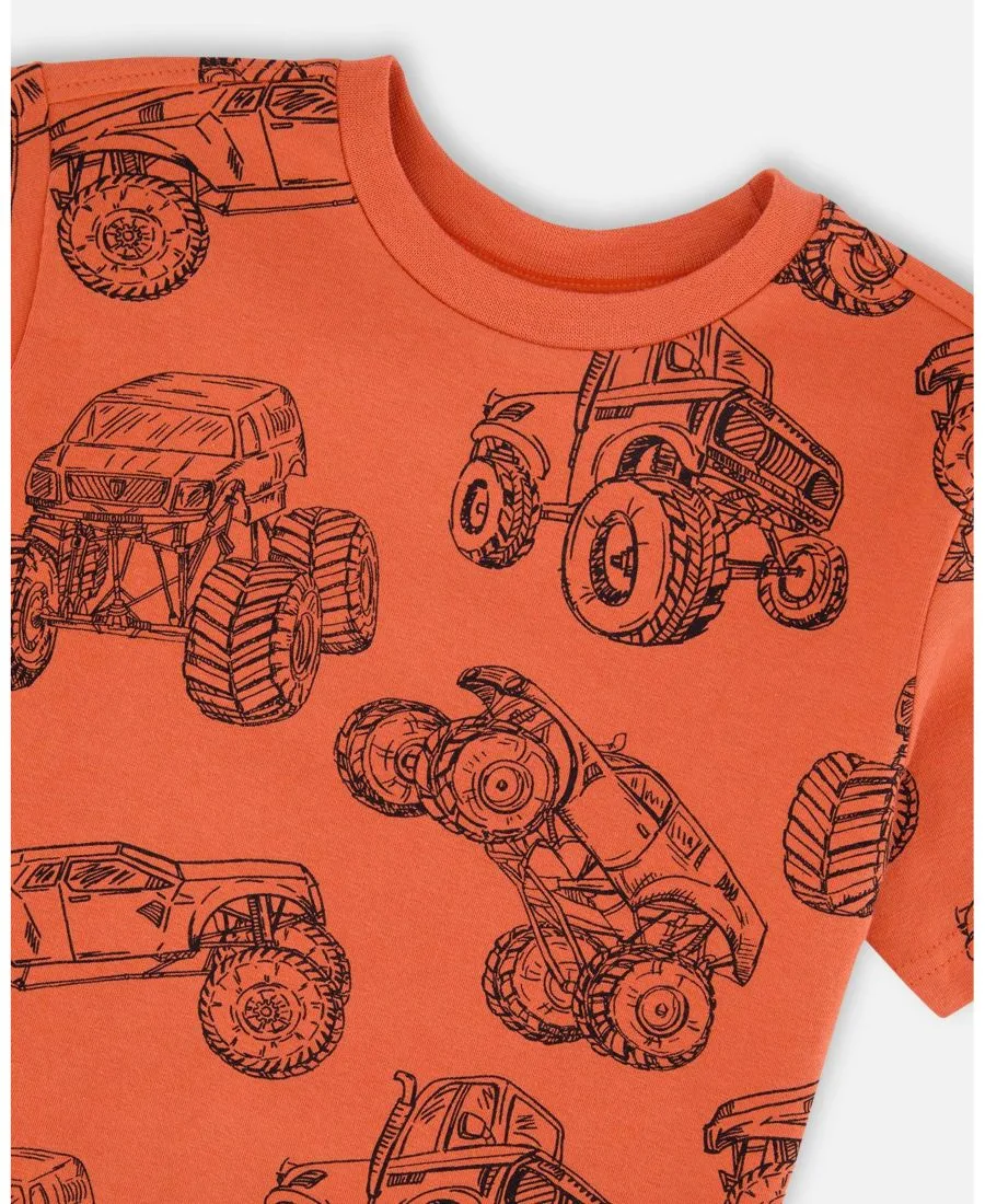 Детская хлопковая футболка с принтом "Грузовики" Deux par Deux, оранжевый printed trucks — фото 3