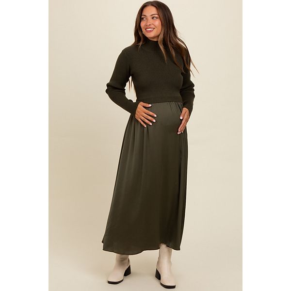 

Вязаное атласное платье миди для беременных с контрастным верхом Pinkblush, Olive Green