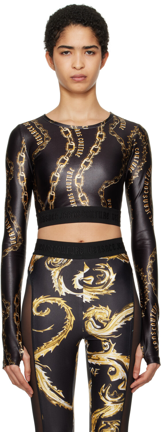 

Черная укороченная футболка Chain Couture Versace Jeans Couture