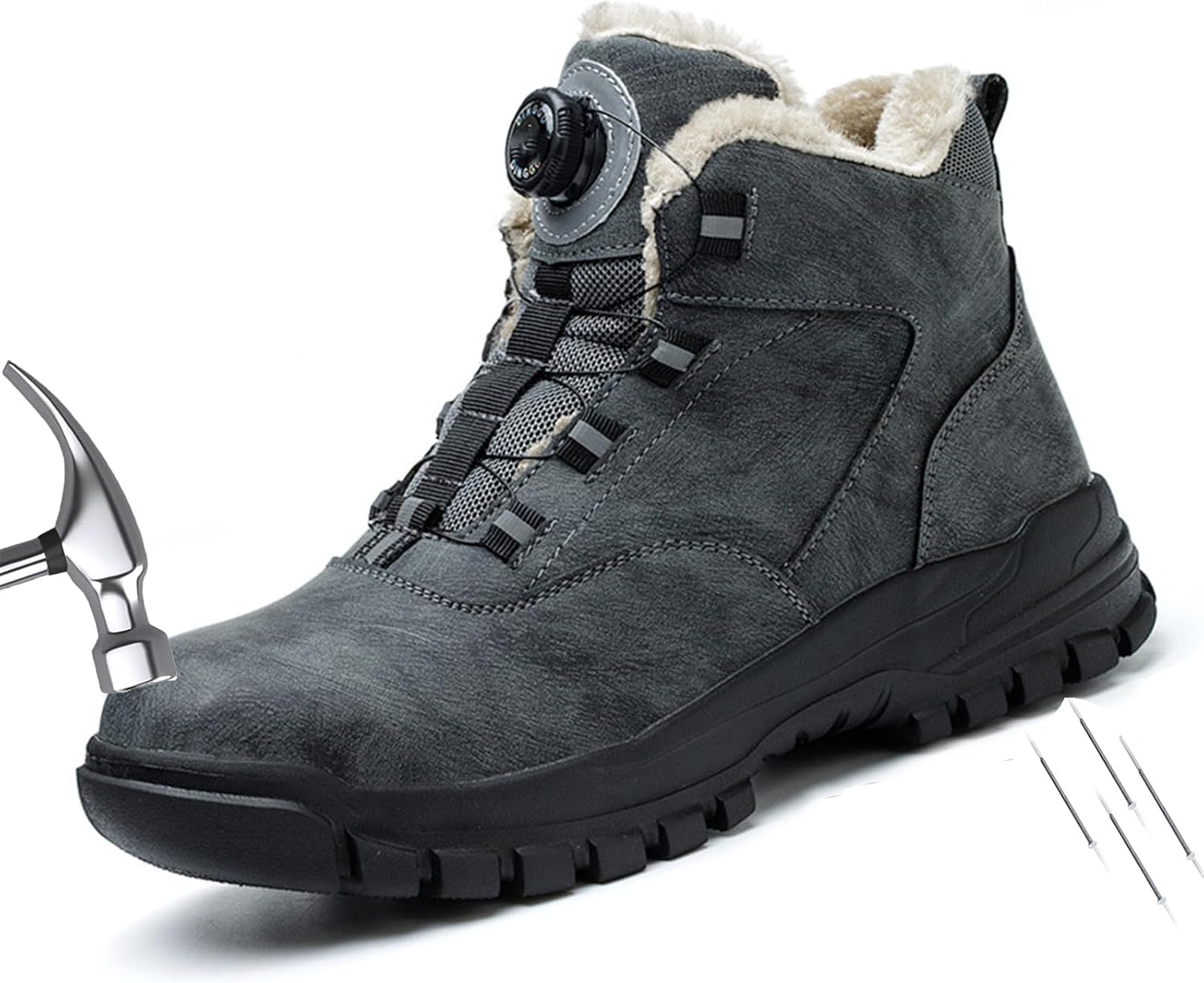

Зимние ботинки с стальным носком для мужчин и женщин, противопрокольные, безопасные зимние ботинки с противоскользящей подошвой и застежкой на поворотный клапан Generic, серый