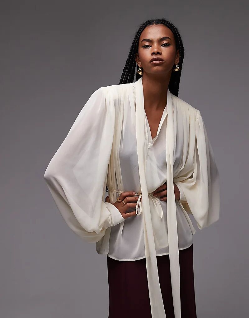 

Шифоновая блузка ASOS DESIGN с подплечниками и завязкой в стиле бохо цвета экрю