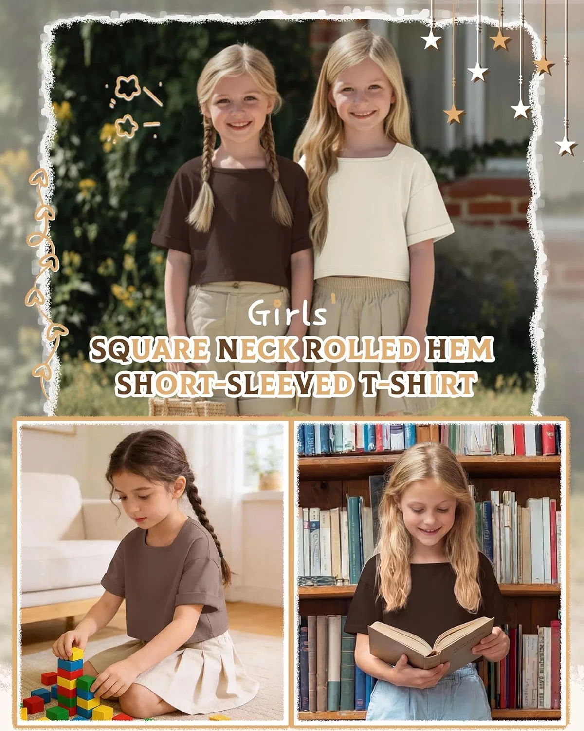 Комплект из 3 детских топов оверсайз, с квадратным вырезом, LessonZoo, Cream, Mocha, Brown — фото 4