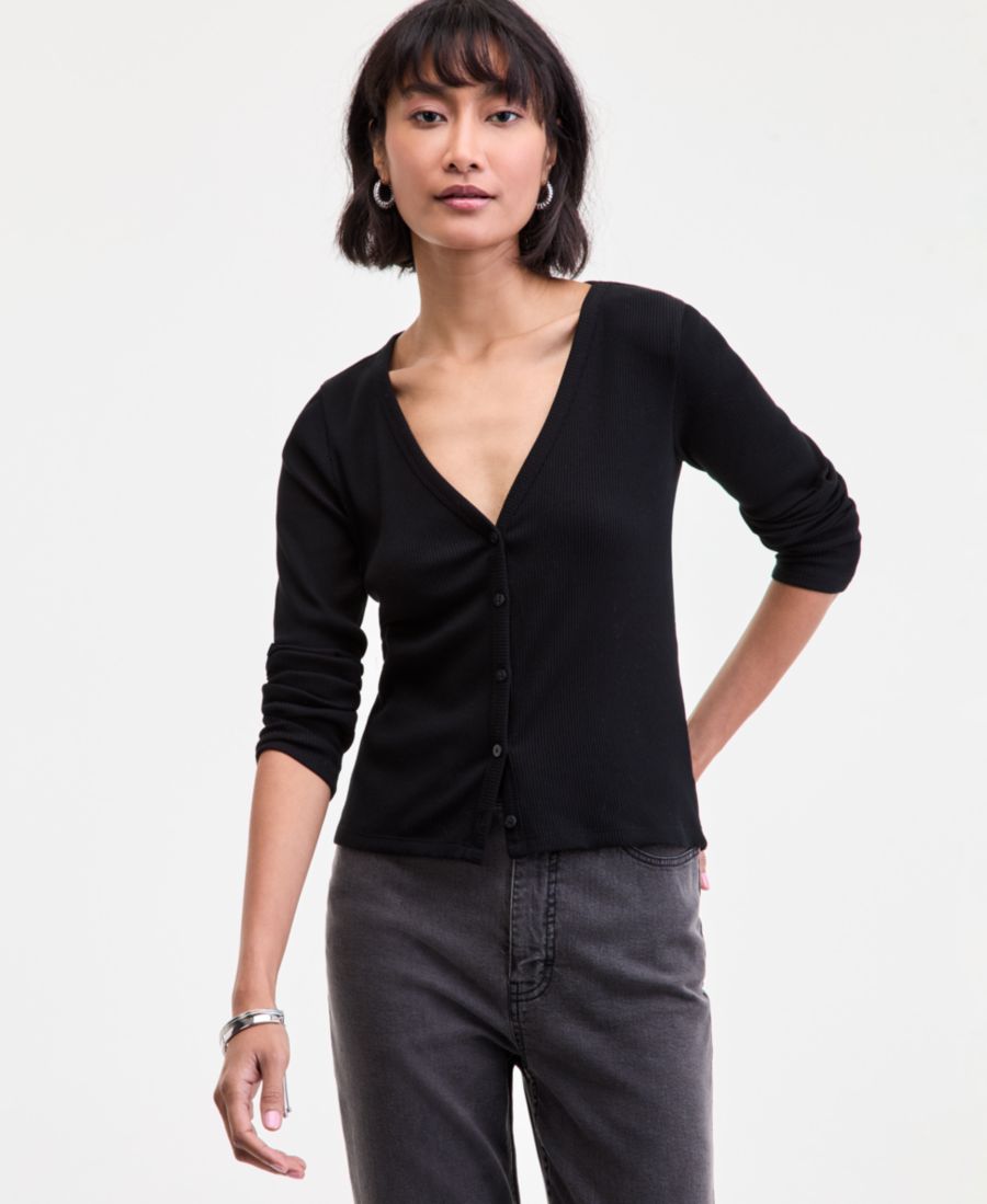 

Женский кардиган в рубчик и полоску, размеры XXS-4X On 34th, Deep Black