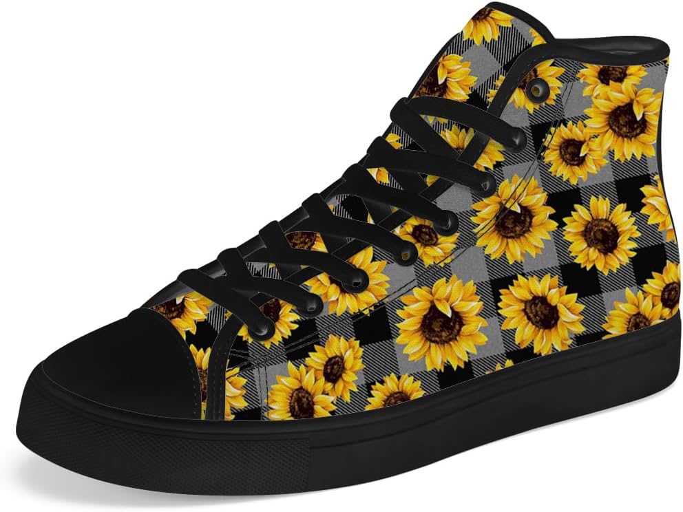 

Высокие кеды на канве с подсолнухами, цветочный клетчатый тартан, шнуровка, повседневная обувь для женщин и мужчин Chebing, 614 Gray