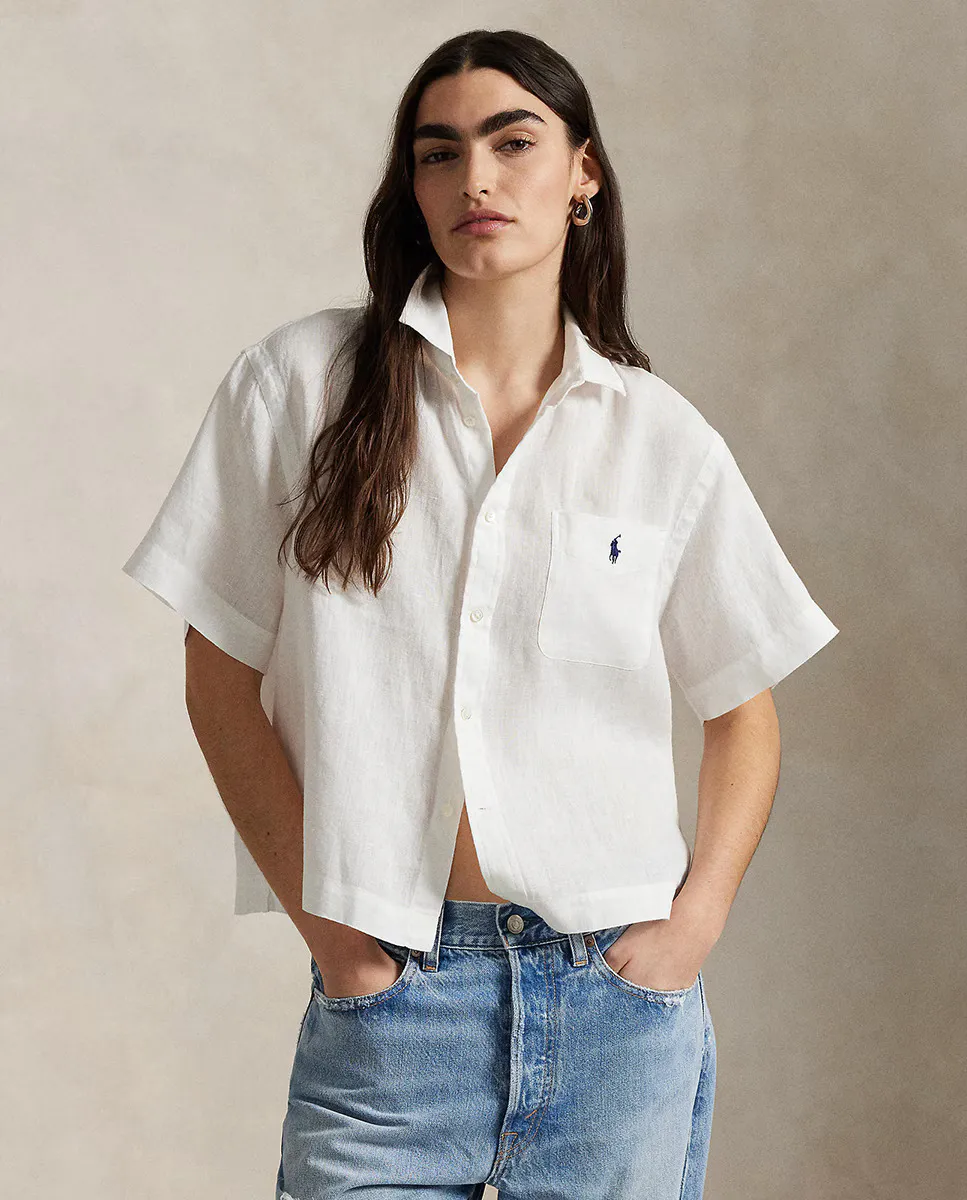 

Женская льняная рубашка с коротким рукавом Polo Ralph Lauren, белый