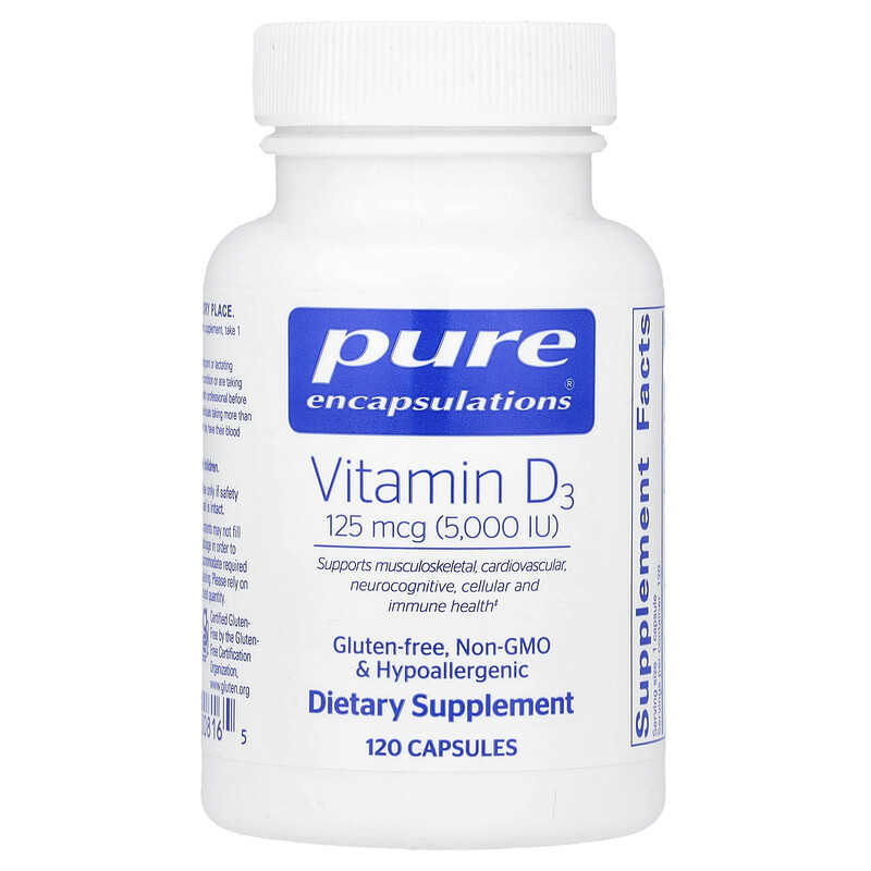 

Pure Encapsulations, витамин D3, 125 мкг (5000 МЕ), 120 капсул