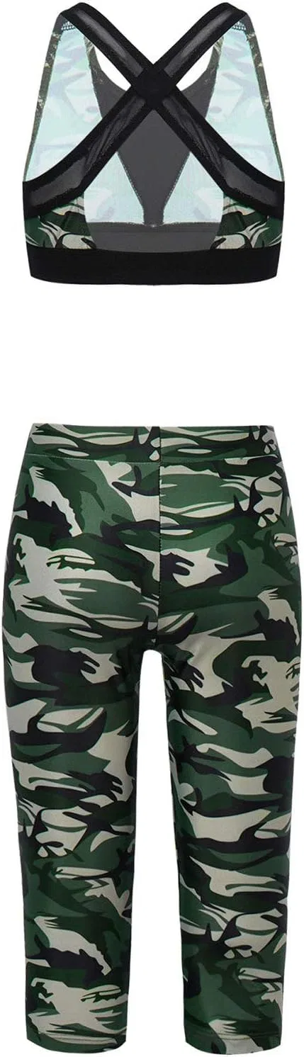 Детский спортивный костюм с камуфляжным принтом YEAHDOR, топ и капри, Camouflage Green — фото 2