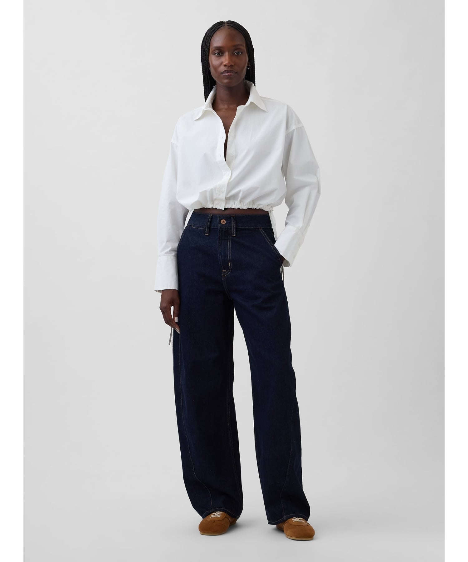 (W) Укороченная рубашка оверсайз из поплина с ленточным краем GAP, OPTIC_WHITE — фото 4