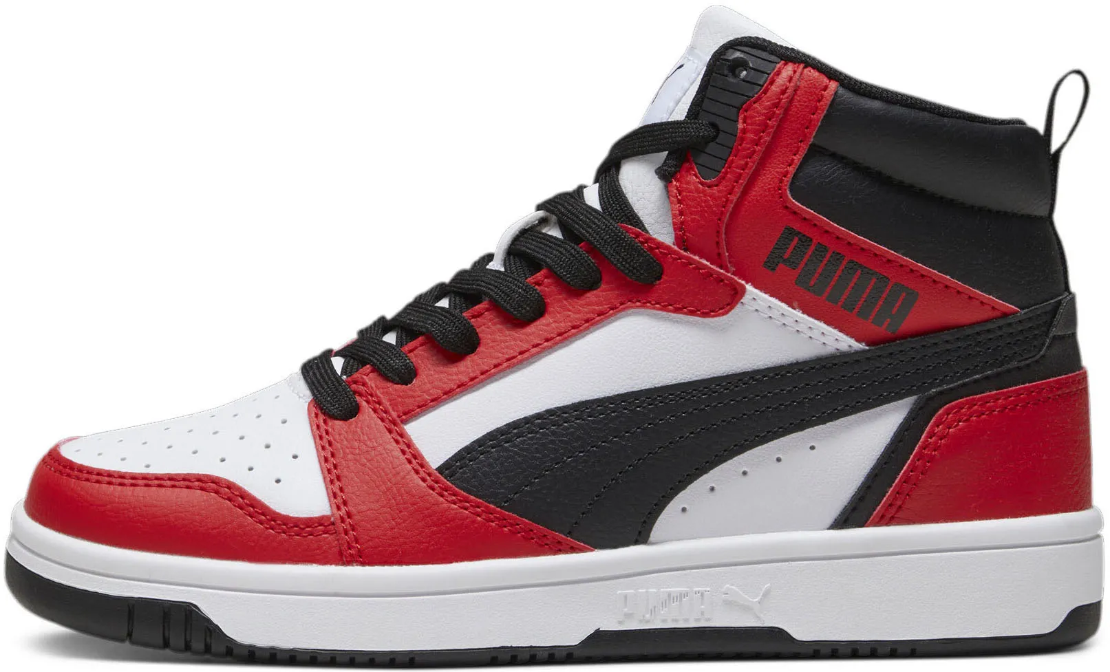 Кроссовки PUMA "REBOUND V6 MID JR", цвет Puma White- Puma Black-For All Time Red — фото 2